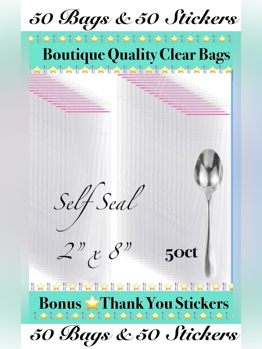 50ct 2” x 8” ’ Clear Cello Bags w/Free Stickers 🍃🆕🍃Crystal Clear~